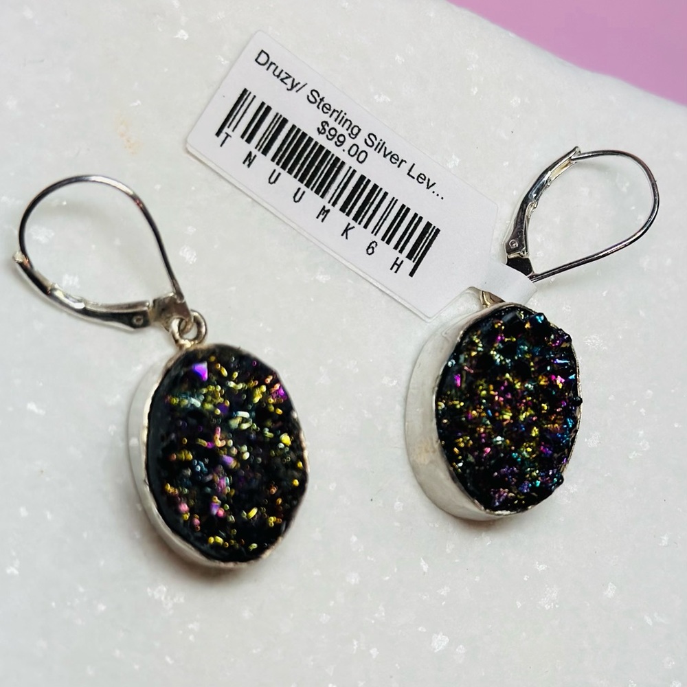 NWT Rainbow Druzy Sterling Silver Leverback Earrings